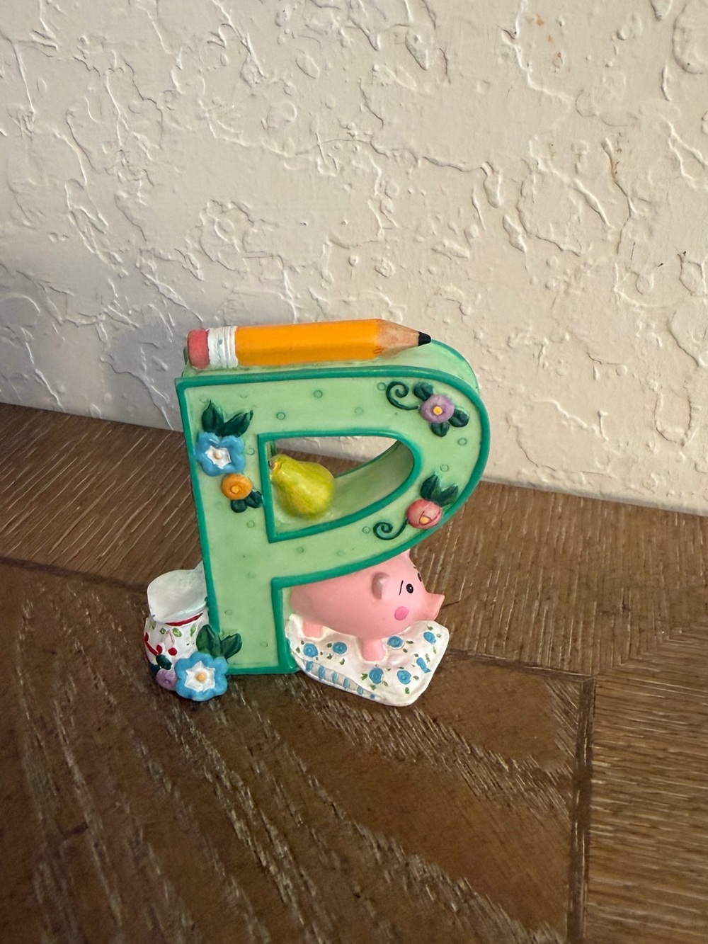 Mary Engelbreit Decorative Letter P with Pig, Pencil & Floral Accents - Green